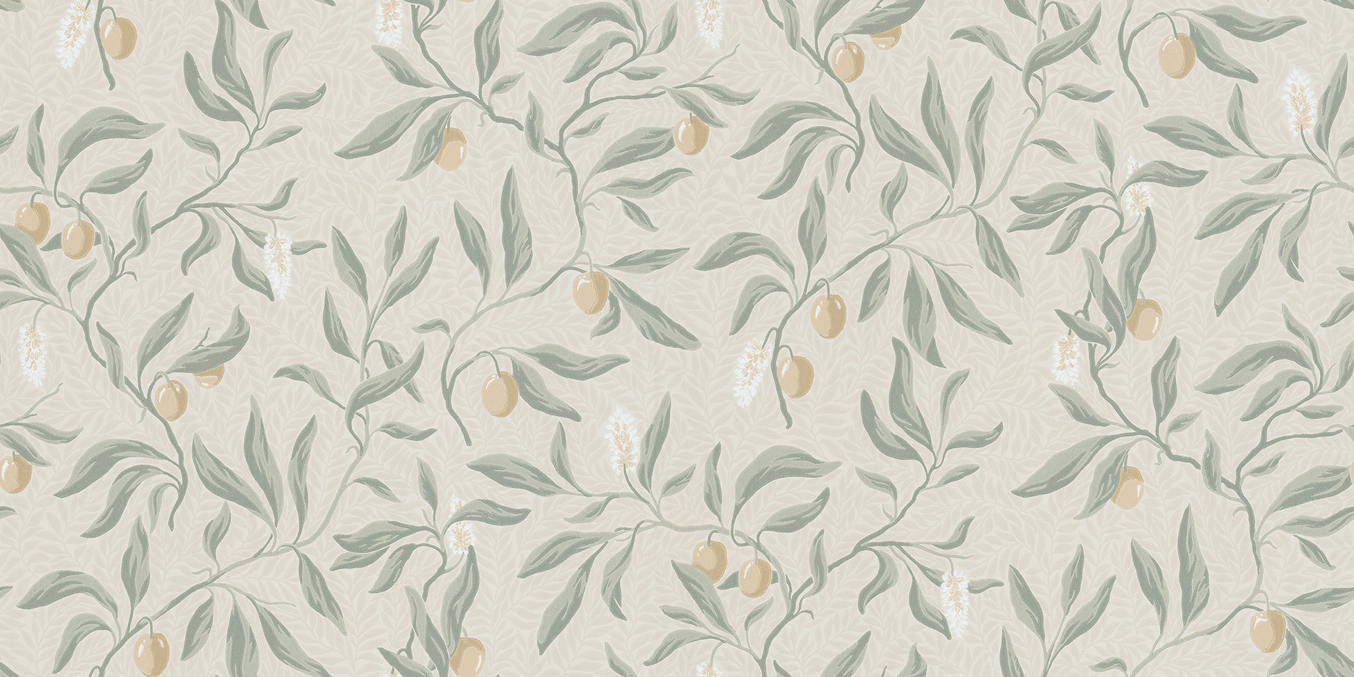 The litchi fruits in our favorite Vinnie wallpaper mural decorate the winding branches and create a lush, classic look. 