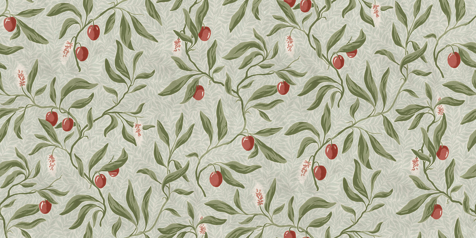 The litchi fruits in our favorite Vinnie wallpaper mural decorate the winding branches and create a lush, classic look