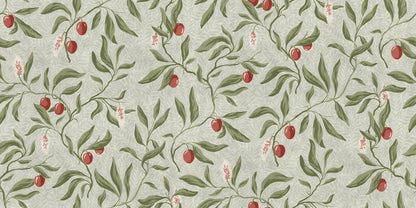 The litchi fruits in our favorite Vinnie wallpaper mural decorate the winding branches and create a lush, classic look