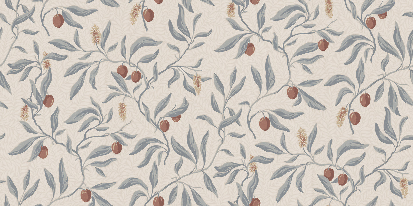 The litchi fruits in our favorite Vinnie wallpaper mural decorate the winding branches and create a lush, classic look. 