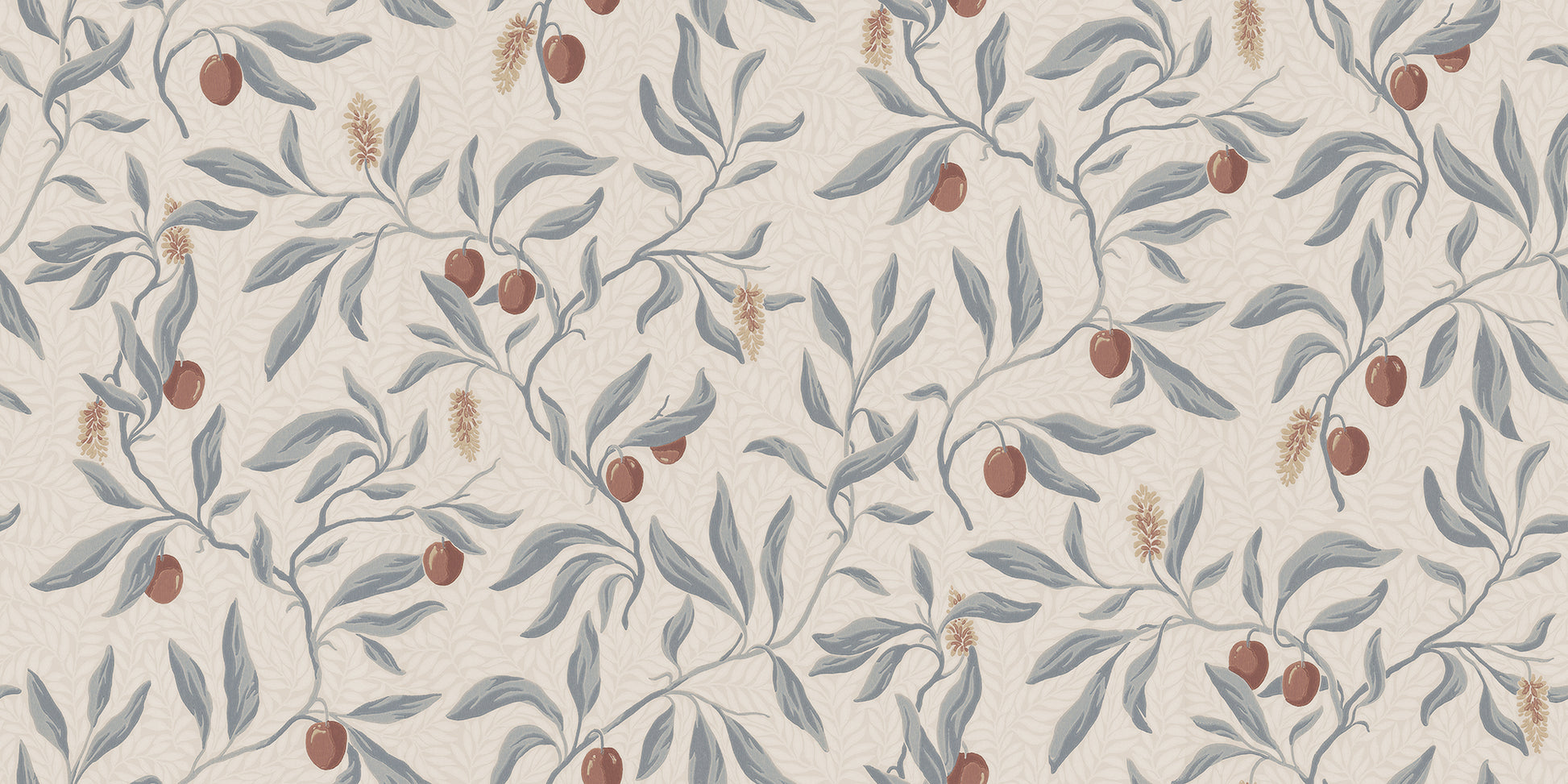 The litchi fruits in our favorite Vinnie wallpaper mural decorate the winding branches and create a lush, classic look. 