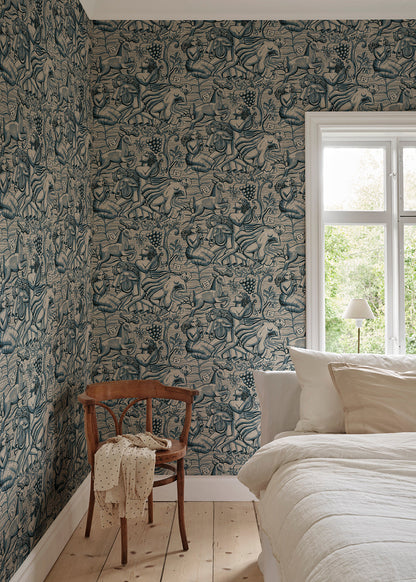 Carl Milles and Anna Petrus's imprint on design history was the source of inspiration for this elegant wallpaper mural. In blue, Baccus evokes a sense of timeless beauty.