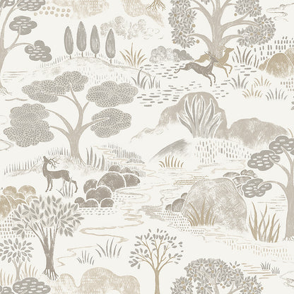 Set on a fresh white background with warm tones of gray and beige, our Diana wallpaper is brimming with adventure and excitement.