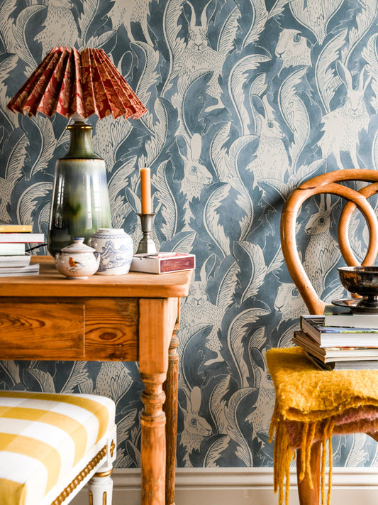 Cute and mysterious. Hares have always been fascinating to Emma von Brömssen and in this wallpaper design with inspiration from the world of the fairytales they have the prominent role.
