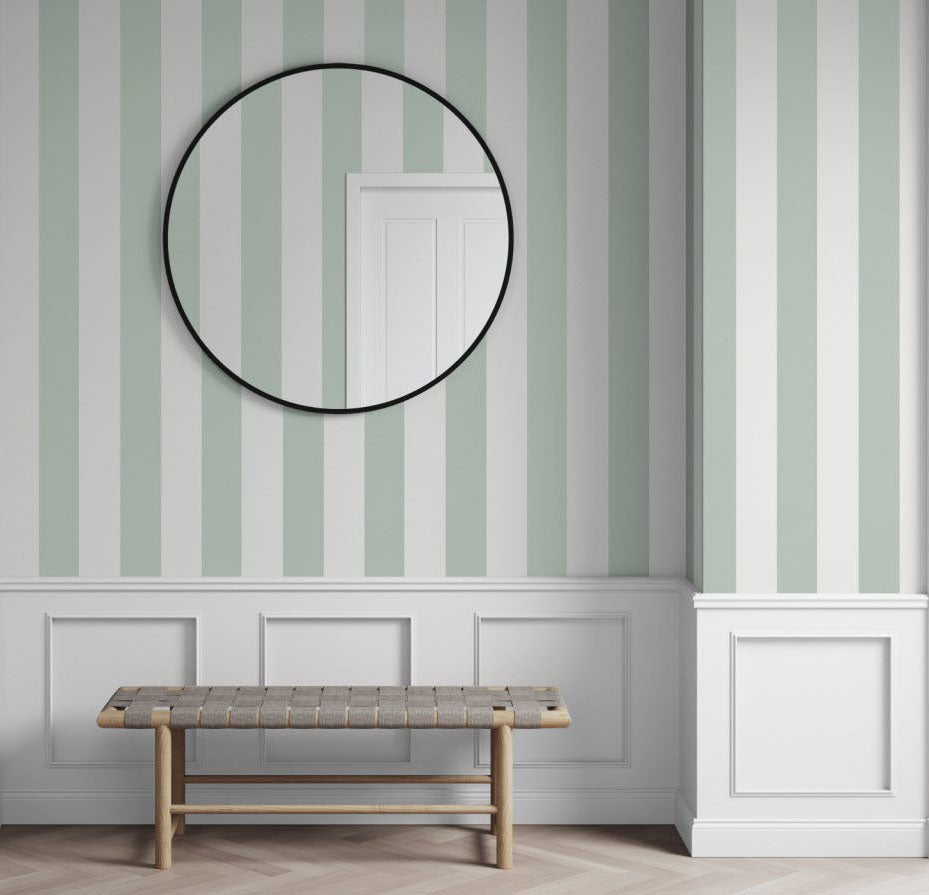 The brave one follows the exhortation in the wallpaper’s name and puts it horizontally. The block stripe is available in a stylish Duck Egg Blue.