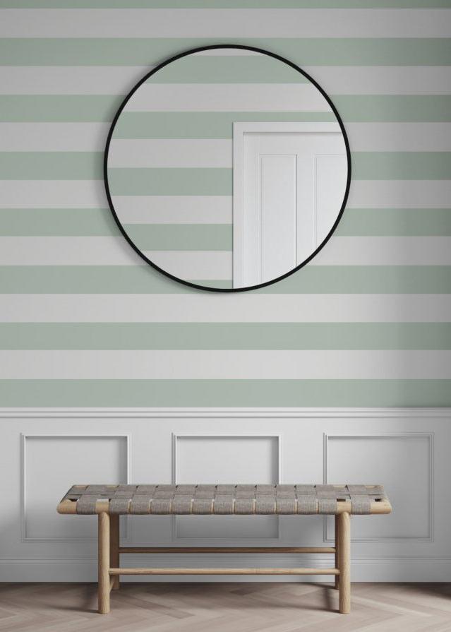 The brave one follows the exhortation in the wallpaper’s name and puts it horizontally. The block stripe is available in a stylish Duck Egg Blue.