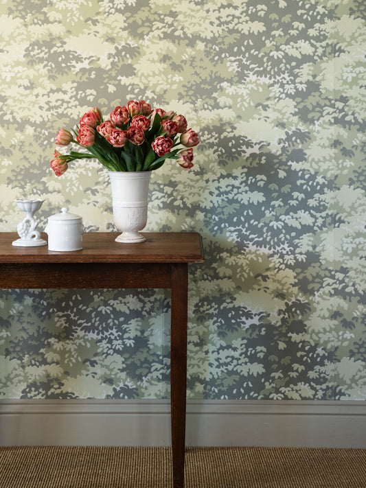 While exploring the forest, Daniel Långelid presents a Gobelin tapestry-inspired play with trees in the wallpaper, Into the Woods.