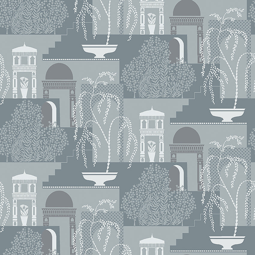 Dive into the serene beauty of our Mimi wallpaper in contrasting tones of grey-blue and white-grey. 