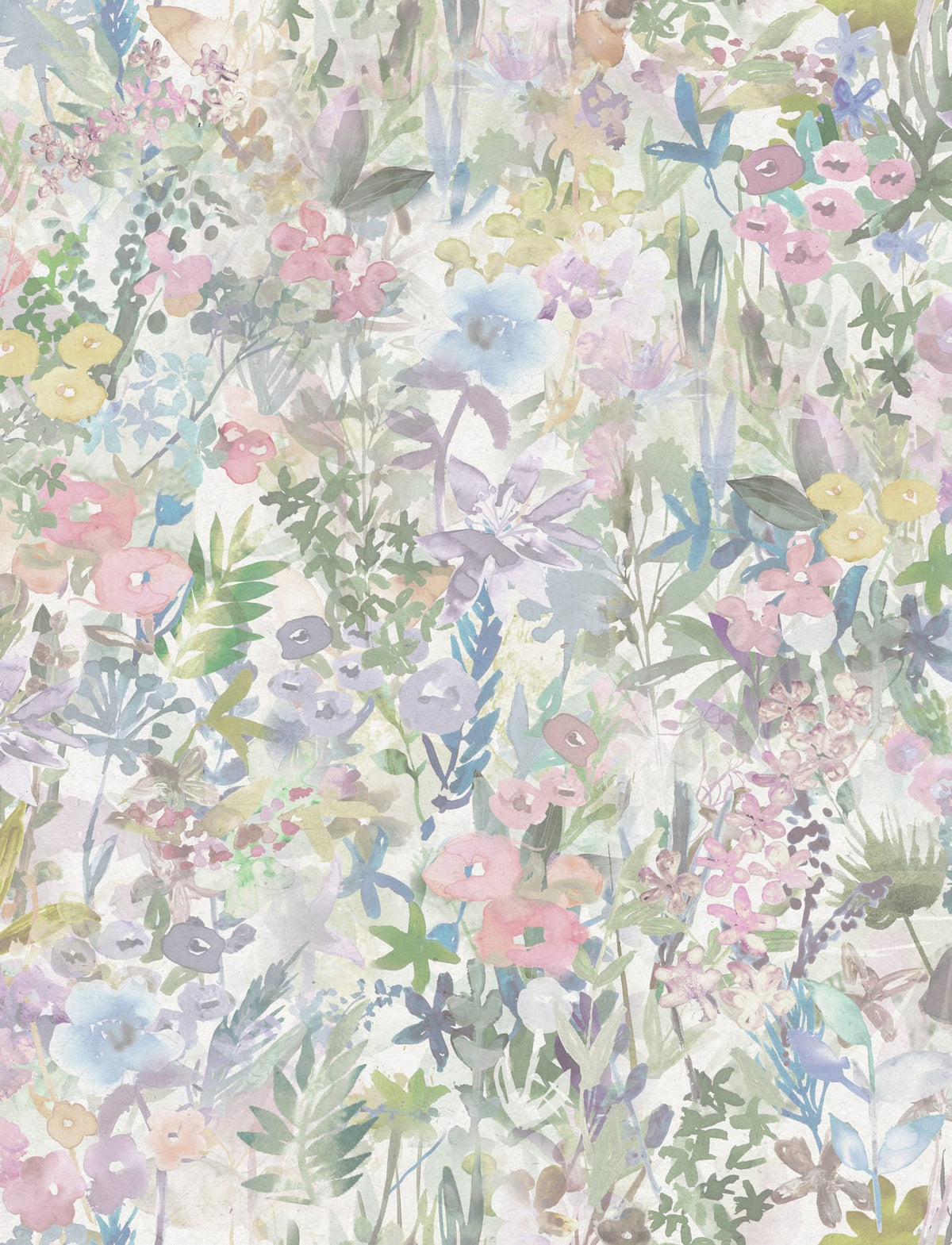 A florid meadow created by a magical bag of seeds. Wonderful aquarelle pastel flowers in the wallpaper Poppy Meadow, Pastel. 