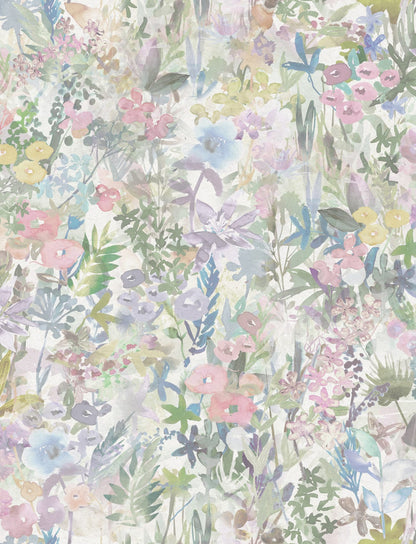 A florid meadow created by a magical bag of seeds. Wonderful aquarelle pastel flowers in the wallpaper Poppy Meadow, Pastel. 