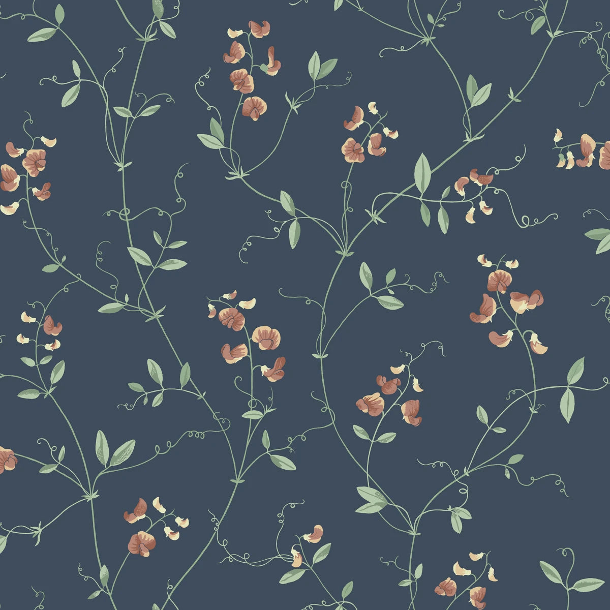 Sanna, one of our wallpaper favorites, floats with ease over the wall. Adorned with the slender flowers of the sweet pea, a grand color scheme with depth and elegance.