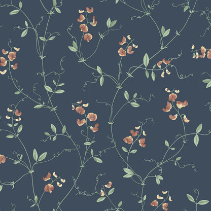 Sanna, one of our wallpaper favorites, floats with ease over the wall. Adorned with the slender flowers of the sweet pea, a grand color scheme with depth and elegance.