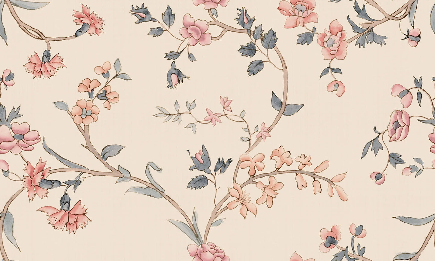 Soft wallpaper in its appearance and with a vintage feel. Clara, Pastel, has flowers in pale pastel blues, pinks, and blue on a beige background.