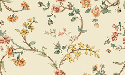 Soft wallpaper in its appearance and with a vintage feel. Clara, Oat, has flowers in lovely yellows, soft reds, and green leaves on a warm beige background.