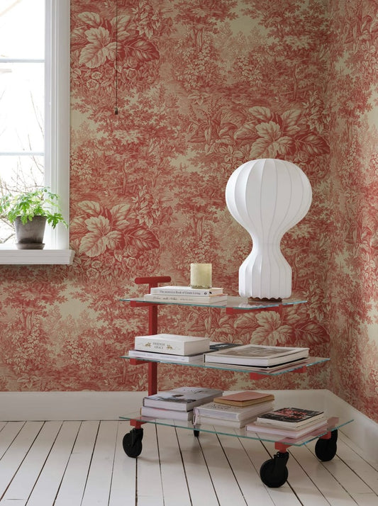 Based on a textile print from 19th century France featuring lush forest clearings that lay the wallpaper like an embracing blanket over the walls. 