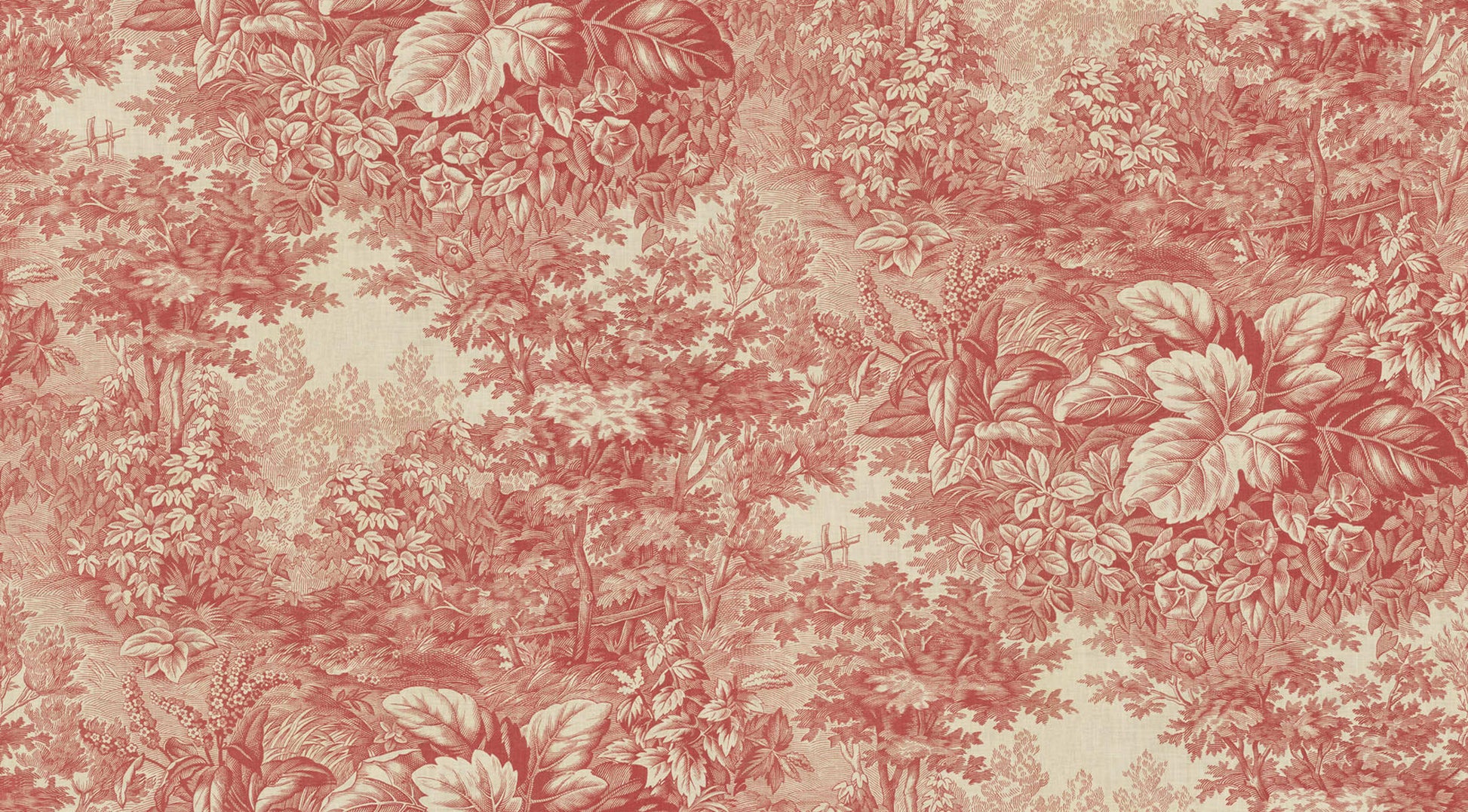 Based on a textile print from 19th century France featuring lush forest clearings that lay the wallpaper like an embracing blanket over the walls. 