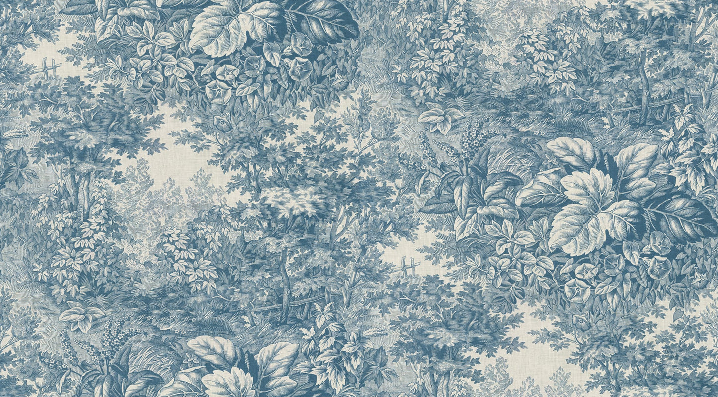 Based on a textile print from 19th century France featuring lush forest clearings that lay the wallpaper like an embracing blanket over the walls.