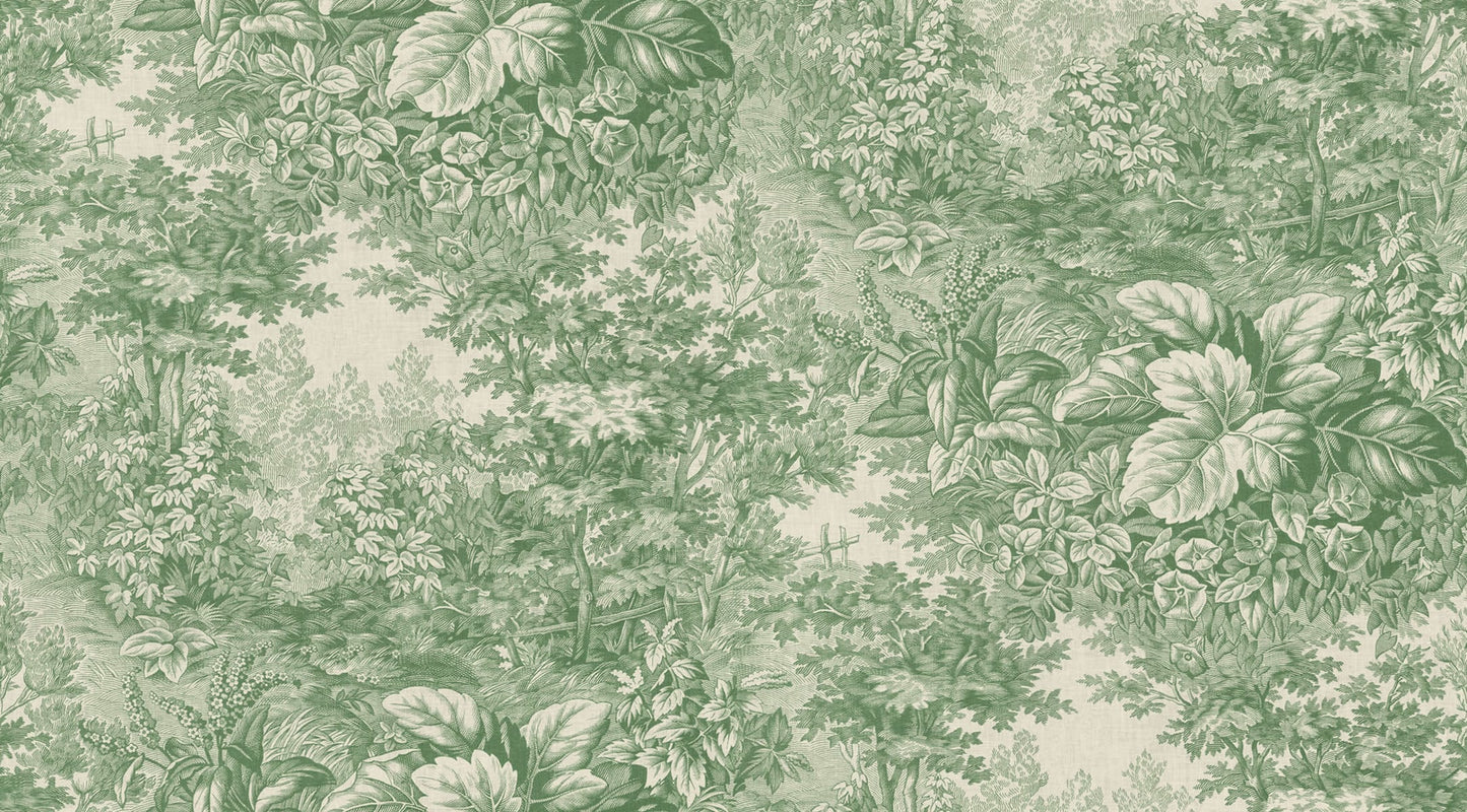 Based on a textile print from 19th century France featuring lush forest clearings that lay the wallpaper like an embracing blanket over the walls.