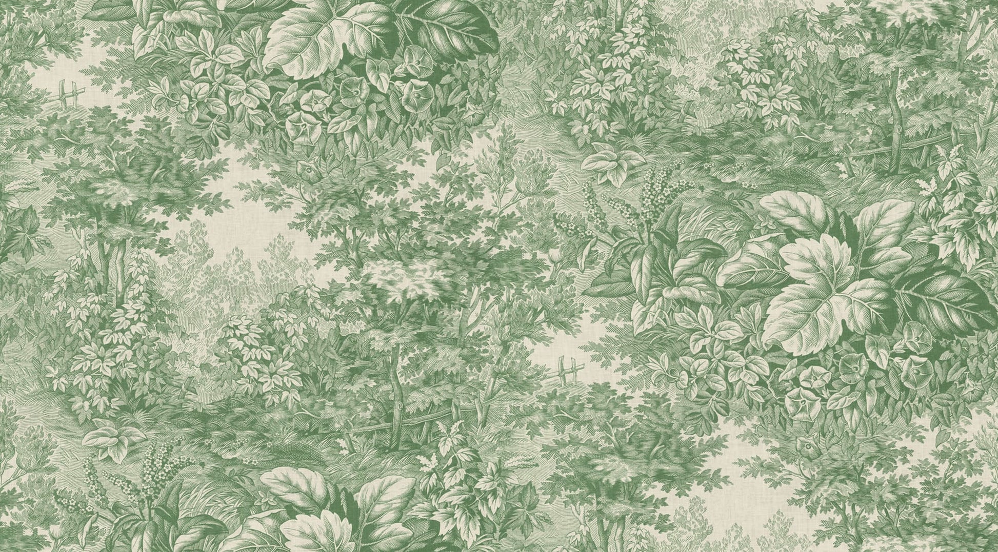 Based on a textile print from 19th century France featuring lush forest clearings that lay the wallpaper like an embracing blanket over the walls.