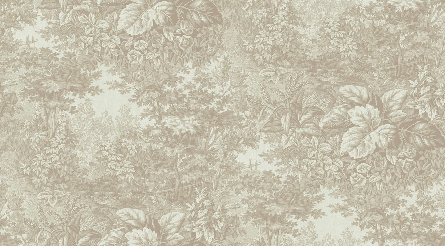 Based on a textile print from 19th century France featuring lush forest clearings that lay the wallpaper like an embracing blanket over the walls. 