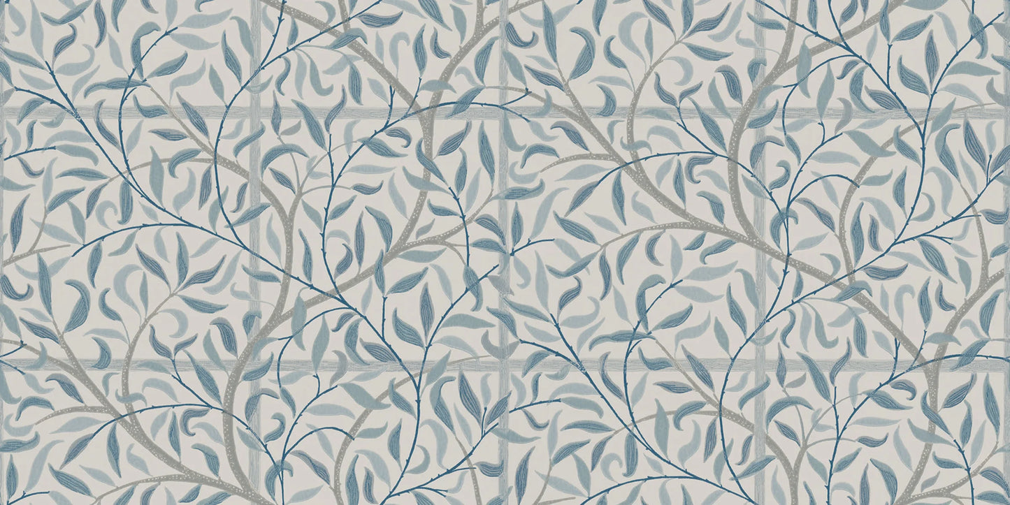 It's a lovely wallpaper with trellis that embraces the room and makes it lush year-round. Emmie, Misty Blue, comes in beautiful shades of misty blue.