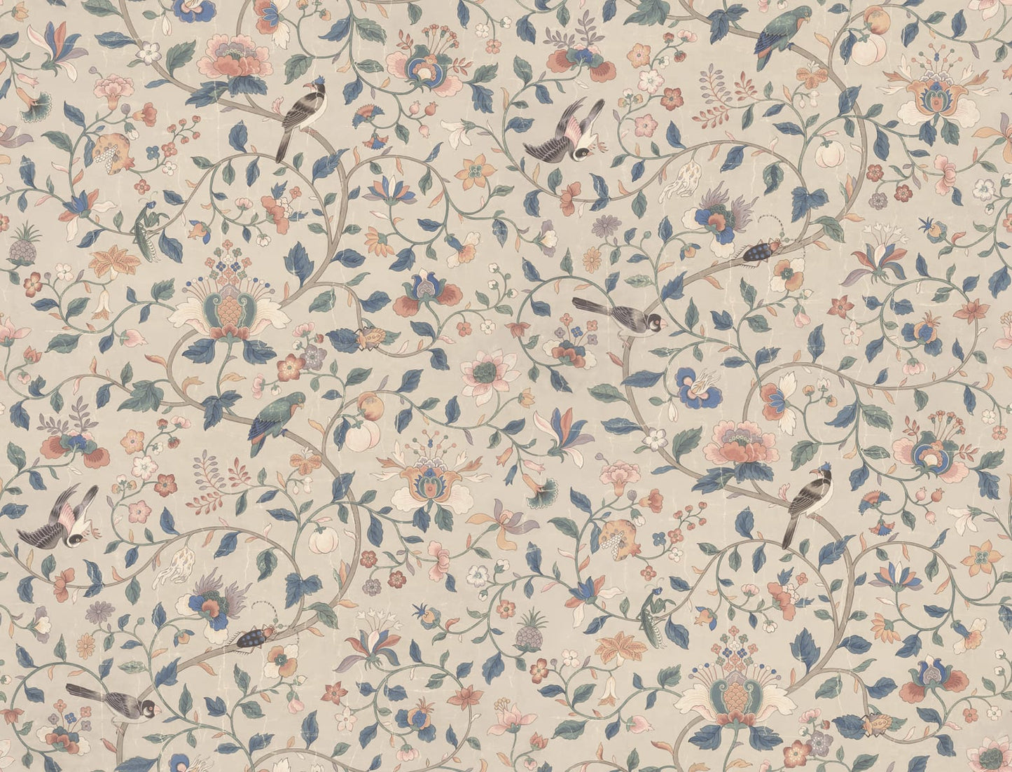 Hedda wallpaper has an exquisitely detailed older hand-painted original, which, with its multifaceted colors, can match many different interiors.