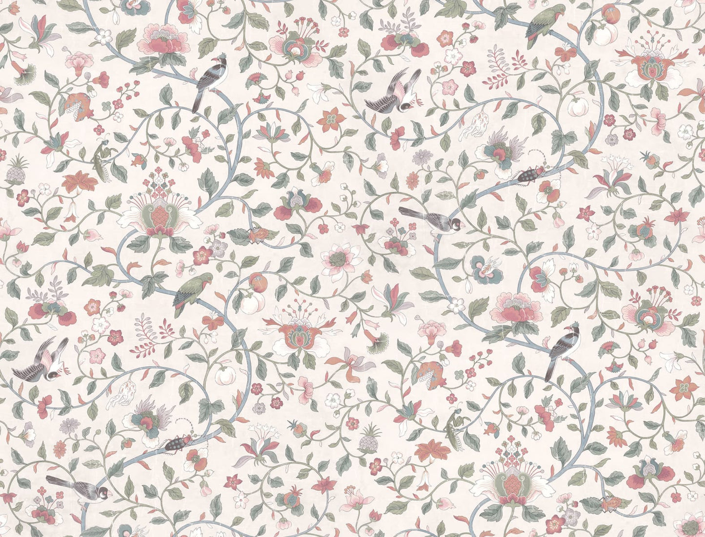 Hedda wallpaper has an exquisitely detailed older hand-painted original, which, with its multifaceted colors, can match many different interiors. 