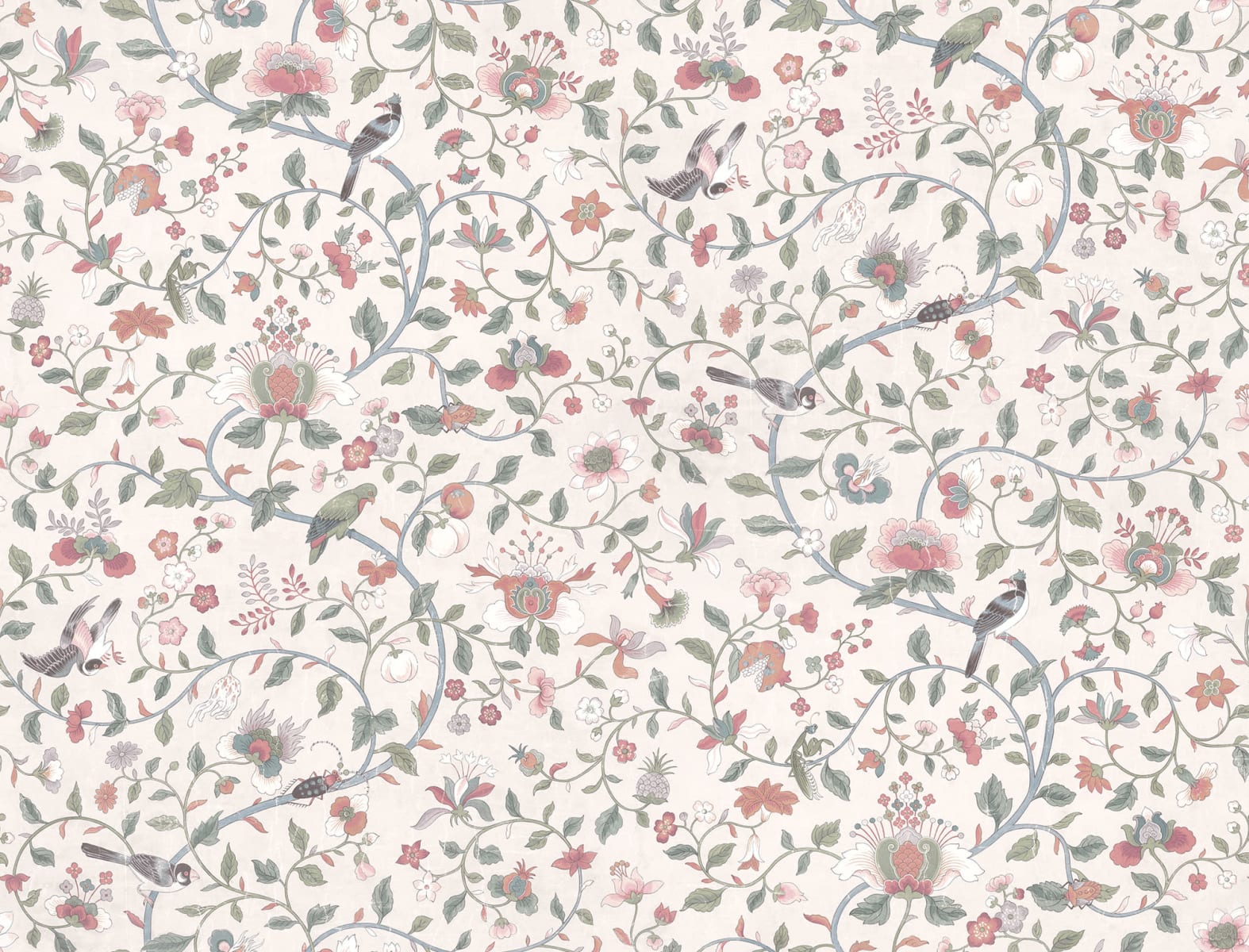 Hedda wallpaper has an exquisitely detailed older hand-painted original, which, with its multifaceted colors, can match many different interiors. 