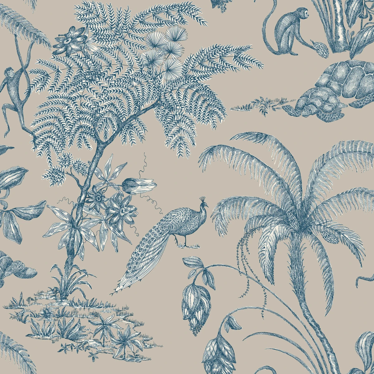 Moa, Indigo Blue wallpaper features a soft beige background with intricate botanical illustrations in indigo blue.