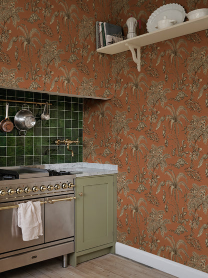 Moa, Terracotta wallpaper features a rich terracotta background adorned with detailed botanical illustrations in beige tones.