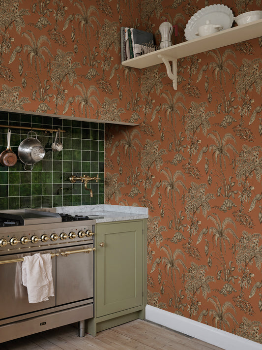 Moa, Terracotta wallpaper features a rich terracotta background adorned with detailed botanical illustrations in beige tones.