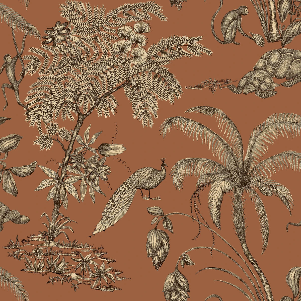 Moa, Terracotta wallpaper features a rich terracotta background adorned with detailed botanical illustrations in beige tones.