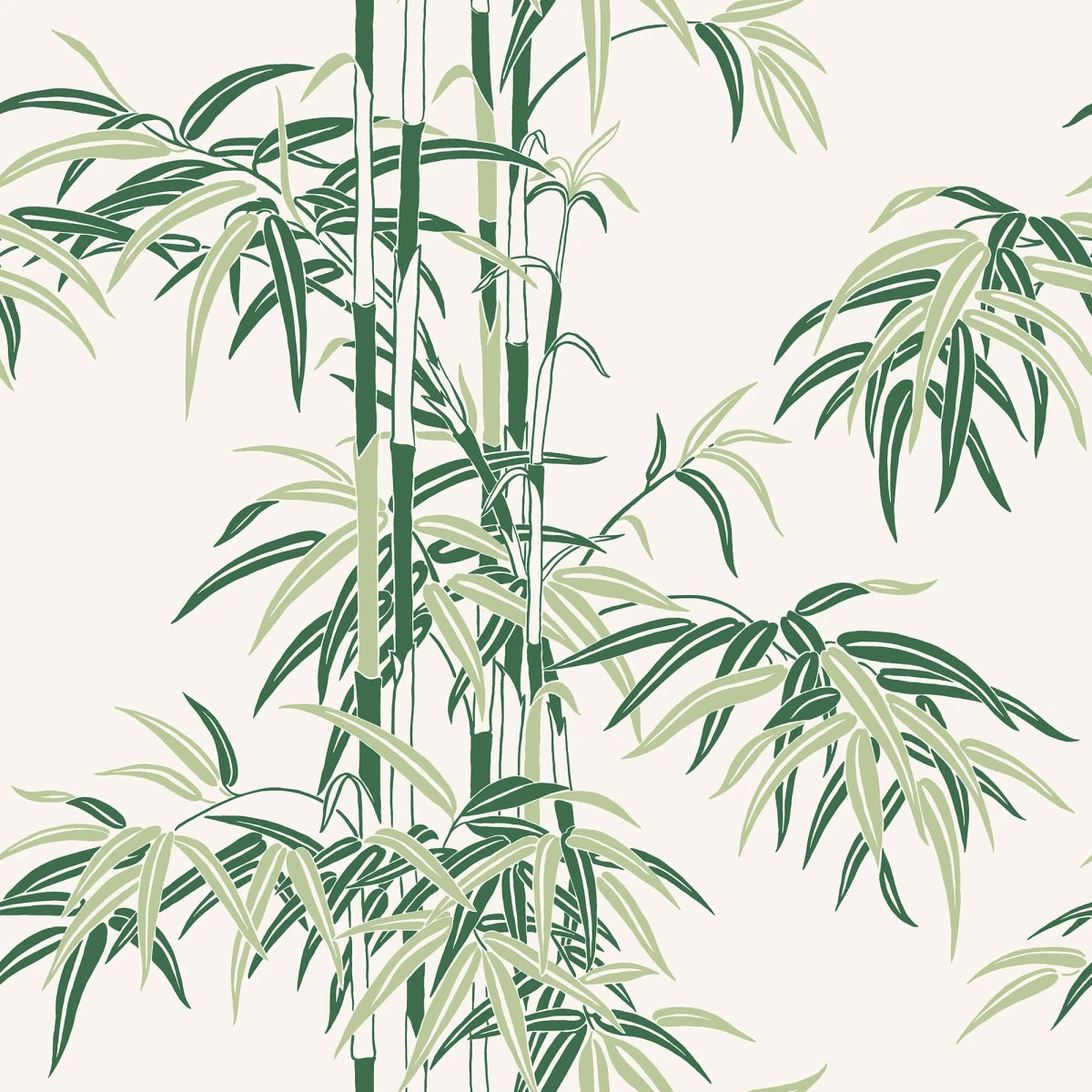 The wallpaper Leon, Garden Green features a light beige background with varying shades of green.