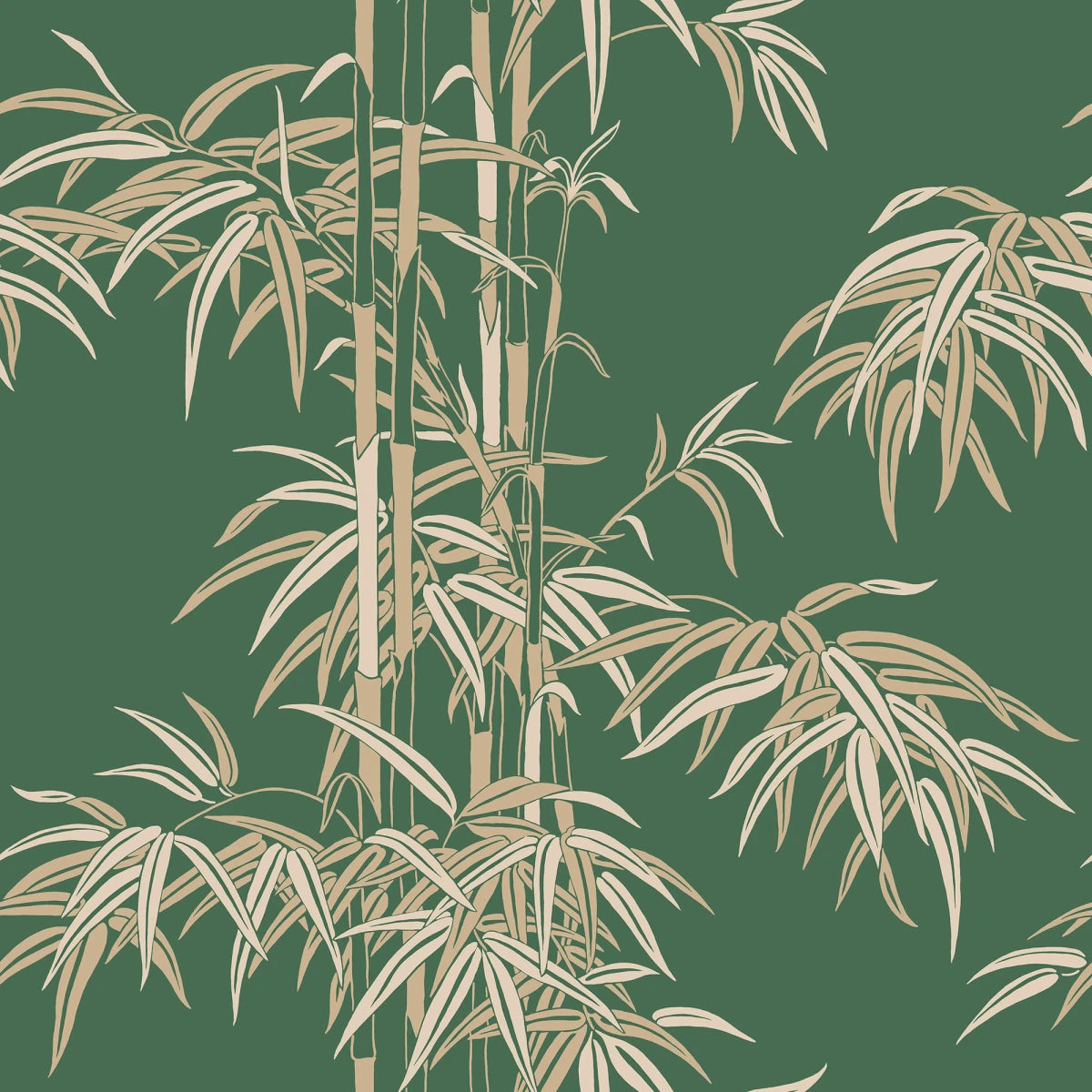 The wallpaper Leon, Green has a rich green background with beige and lighter green accents.