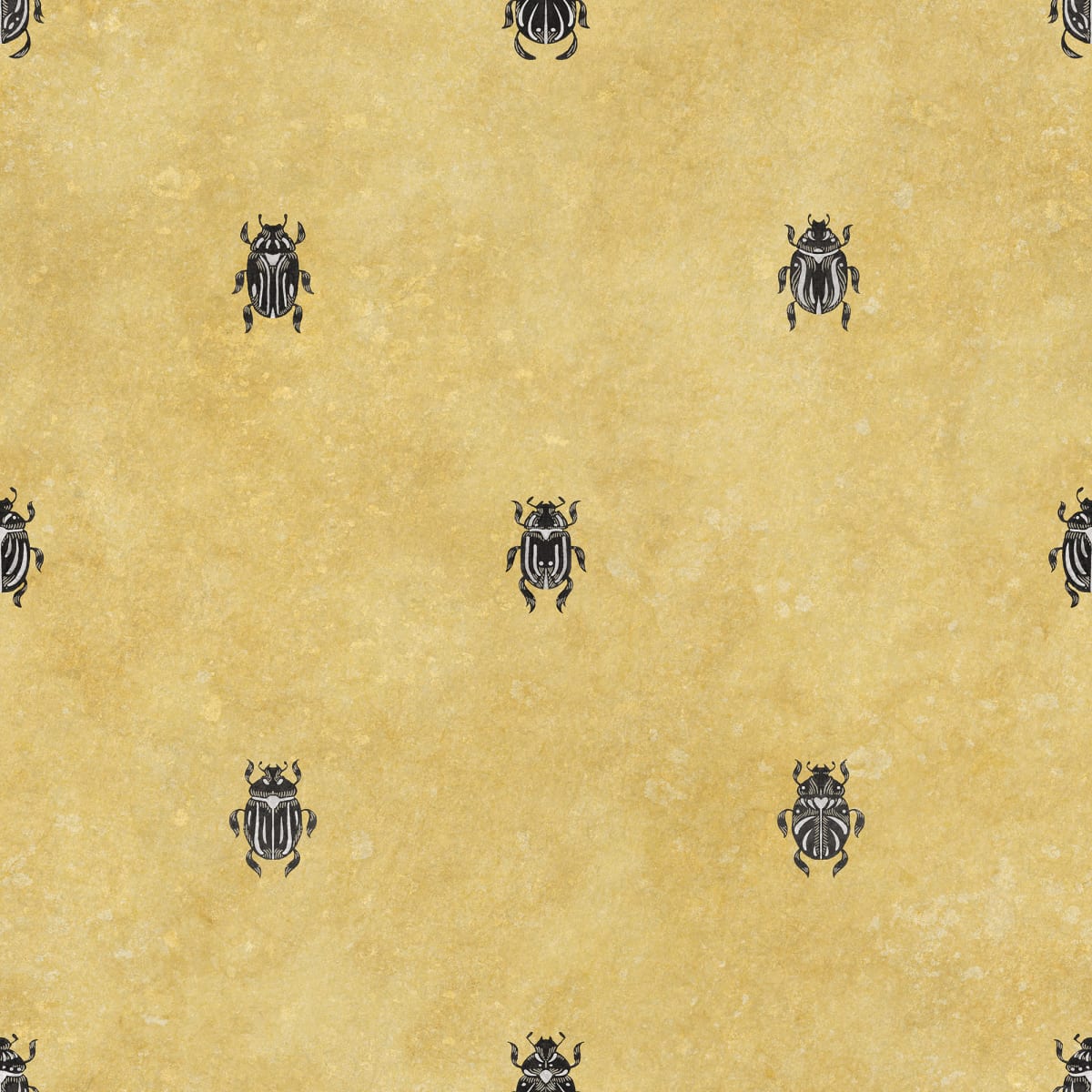 Wallpaper with stylized scarabs with decorative detailing in a row against a patinated background create a bold and chic atmosphere on the walls.