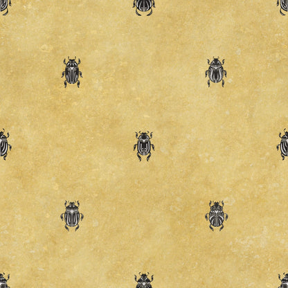 Wallpaper with stylized scarabs with decorative detailing in a row against a patinated background create a bold and chic atmosphere on the walls.