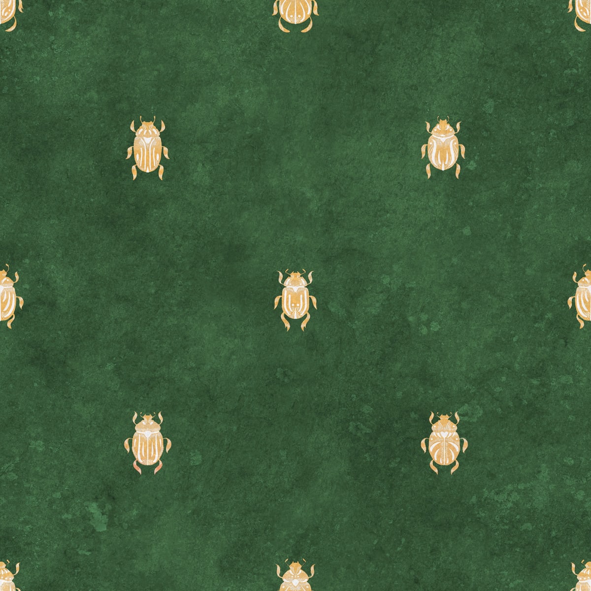 Wallpaper with stylized scarabs with decorative detailing in a row against a patinated background create a bold and chic atmosphere on the walls.