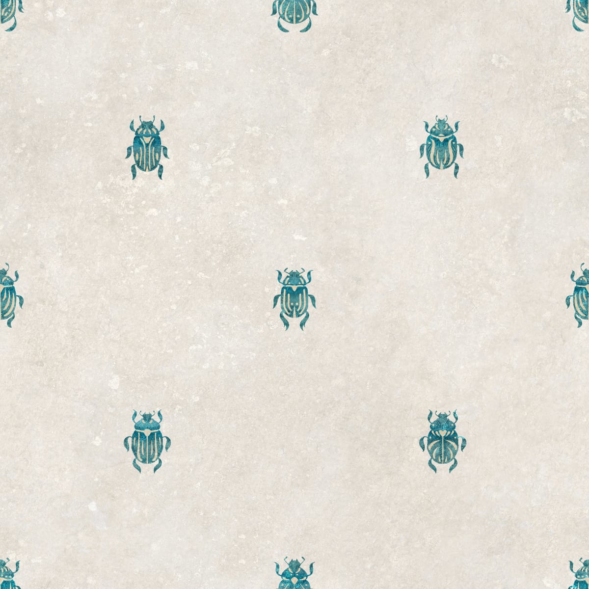 Wallpaper with stylized scarabs with decorative detailing in a row against a patinated background create a bold and chic atmosphere on the walls.