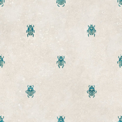 Wallpaper with stylized scarabs with decorative detailing in a row against a patinated background create a bold and chic atmosphere on the walls.