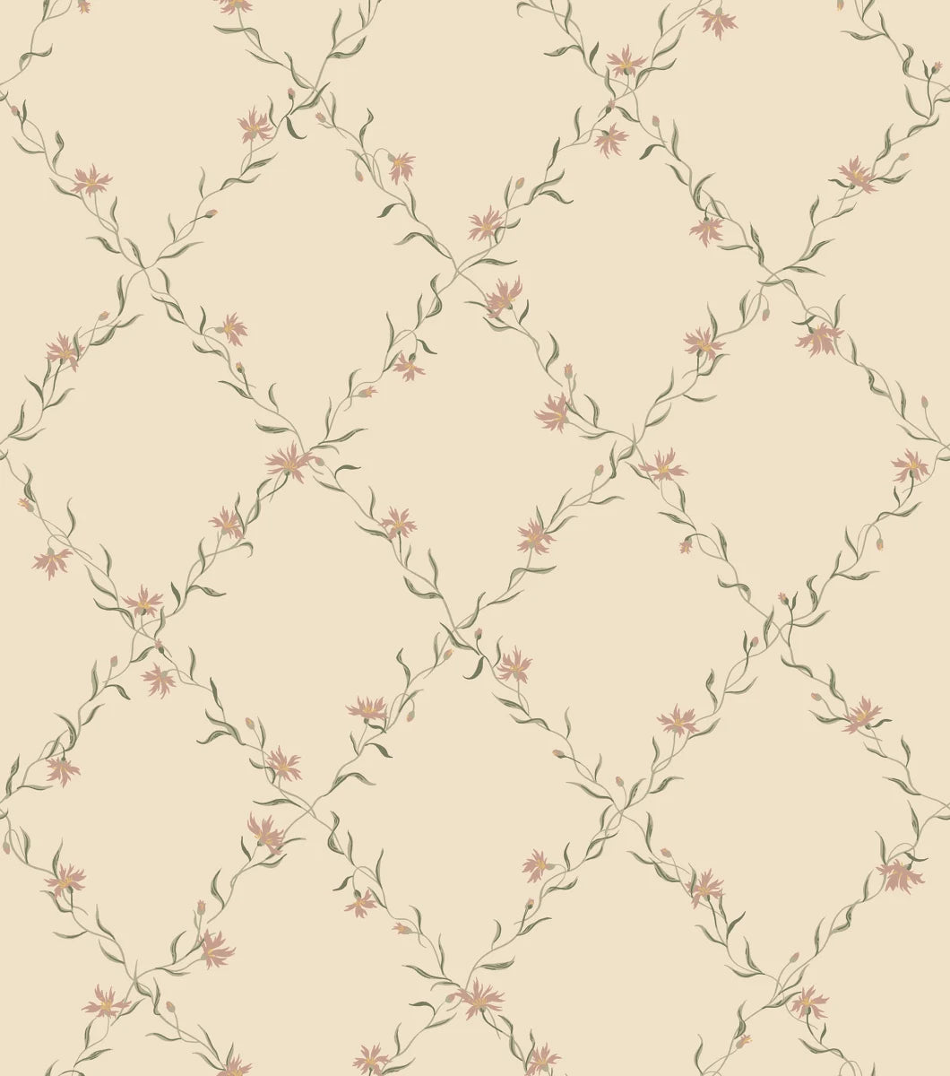  Our beloved Ewa wallpaper dresses your walls with gracefully hand painted cornflower garlands. 