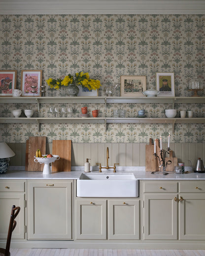 This rare medallion wallpaper includes Bluebell, Wood Anemone, Cowslip, and Sun Rose.