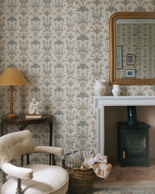 This rare medallion wallpaper includes Bluebell, Wood Anemone, Cowslip, and Sun Rose.