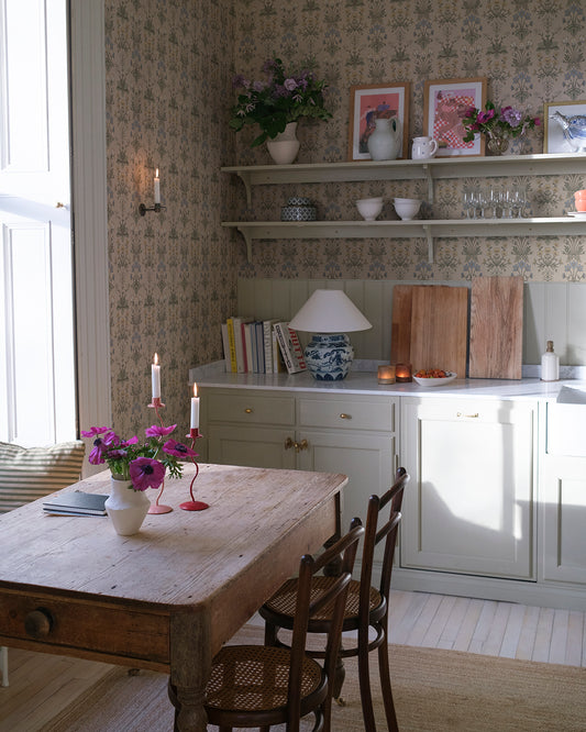 This rare medallion wallpaper includes Bluebell, Wood Anemone, Cowslip, and Sun Rose.