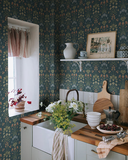This rare medallion wallpaper includes Bluebell, Wood Anemone, Cowslip, and Sun Rose.