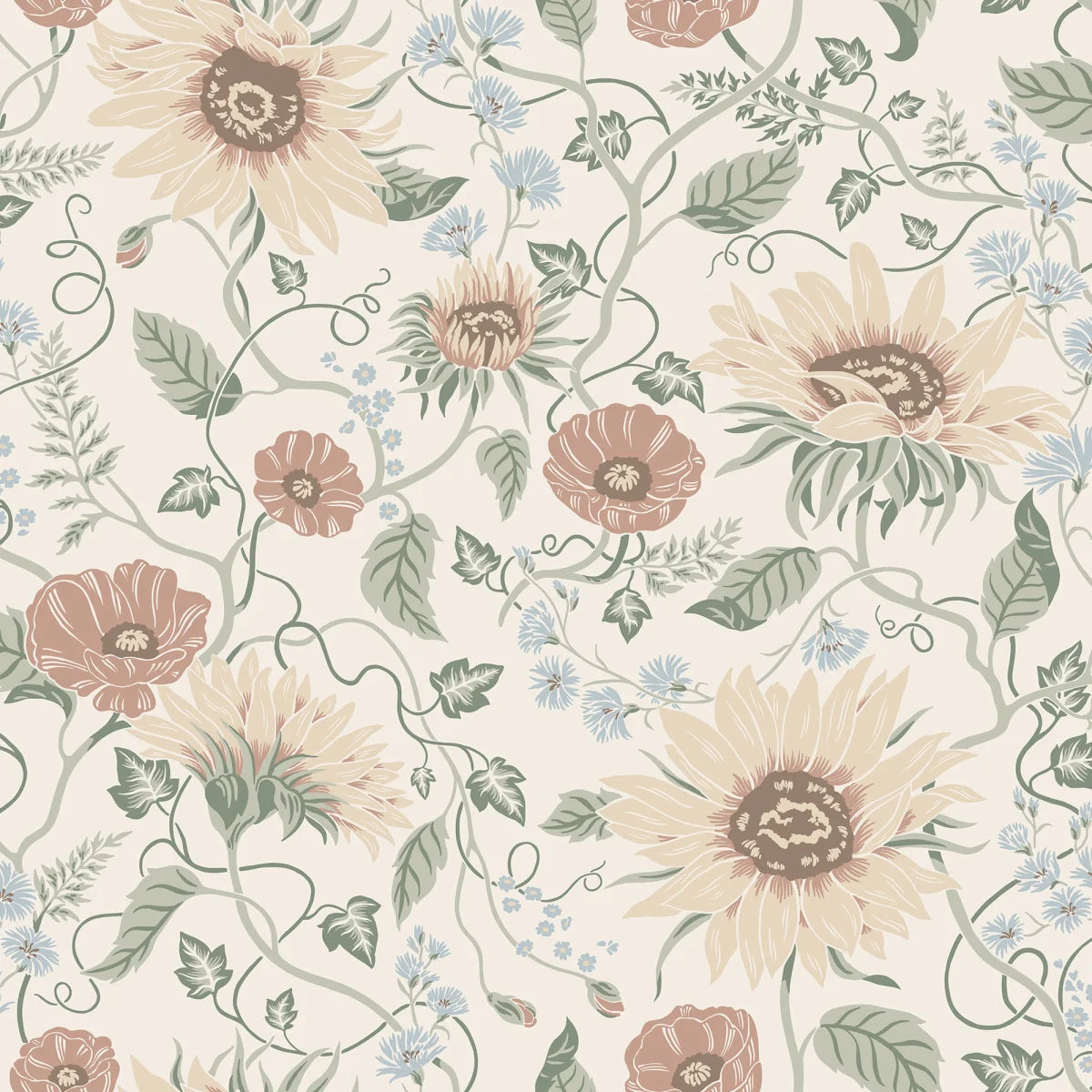 Solveig, Colorful, this wallpaper has a soft light base adorned by muted red, beige, and blue flowers with green foliage.