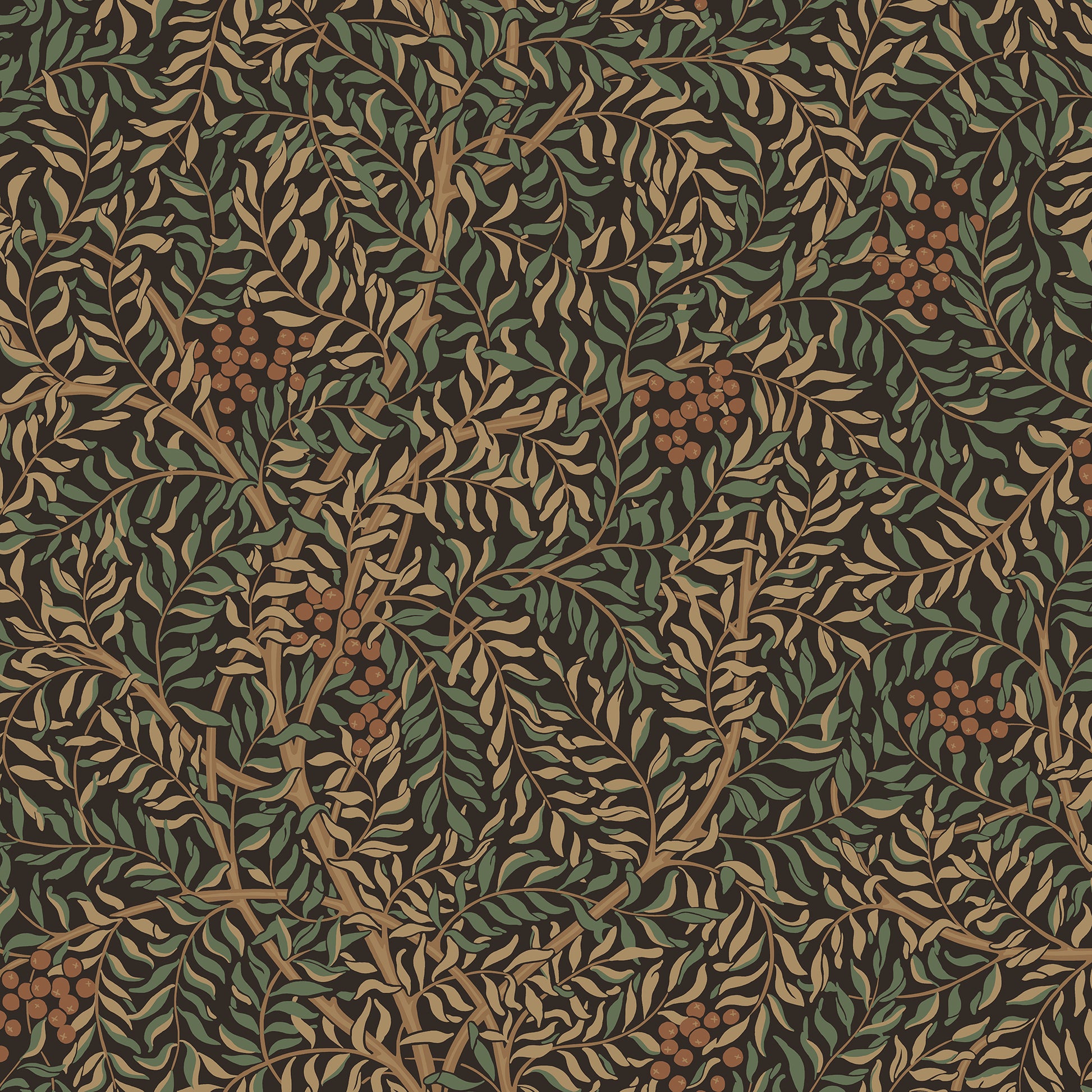  A harmonious surface-printed wallpaper pattern featuring intricate rowan berry branches creates a cozy and welcoming atmosphere with its stylized and enveloping design. 