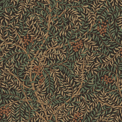  A harmonious surface-printed wallpaper pattern featuring intricate rowan berry branches creates a cozy and welcoming atmosphere with its stylized and enveloping design. 