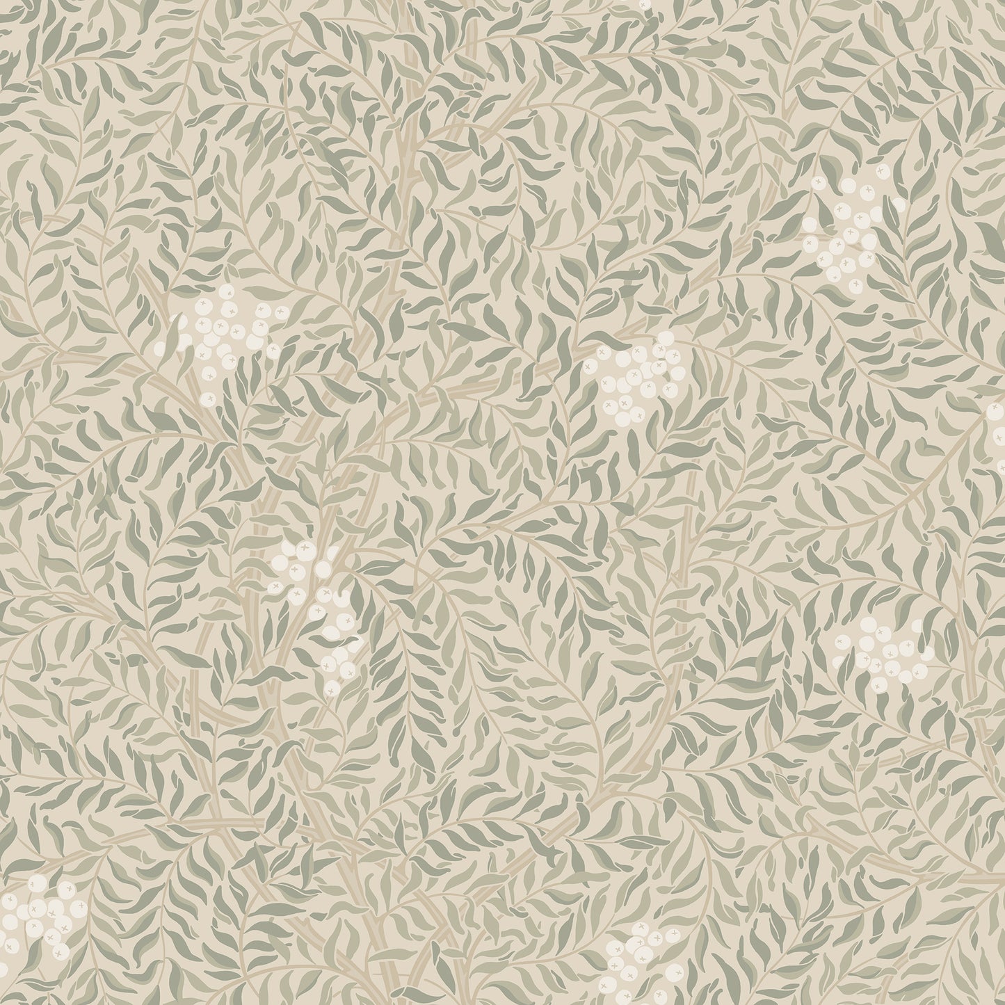 A harmonious surface-printed wallpaper pattern featuring intricate rowan berry branches creates a cozy and welcoming atmosphere with its stylized and enveloping design.
