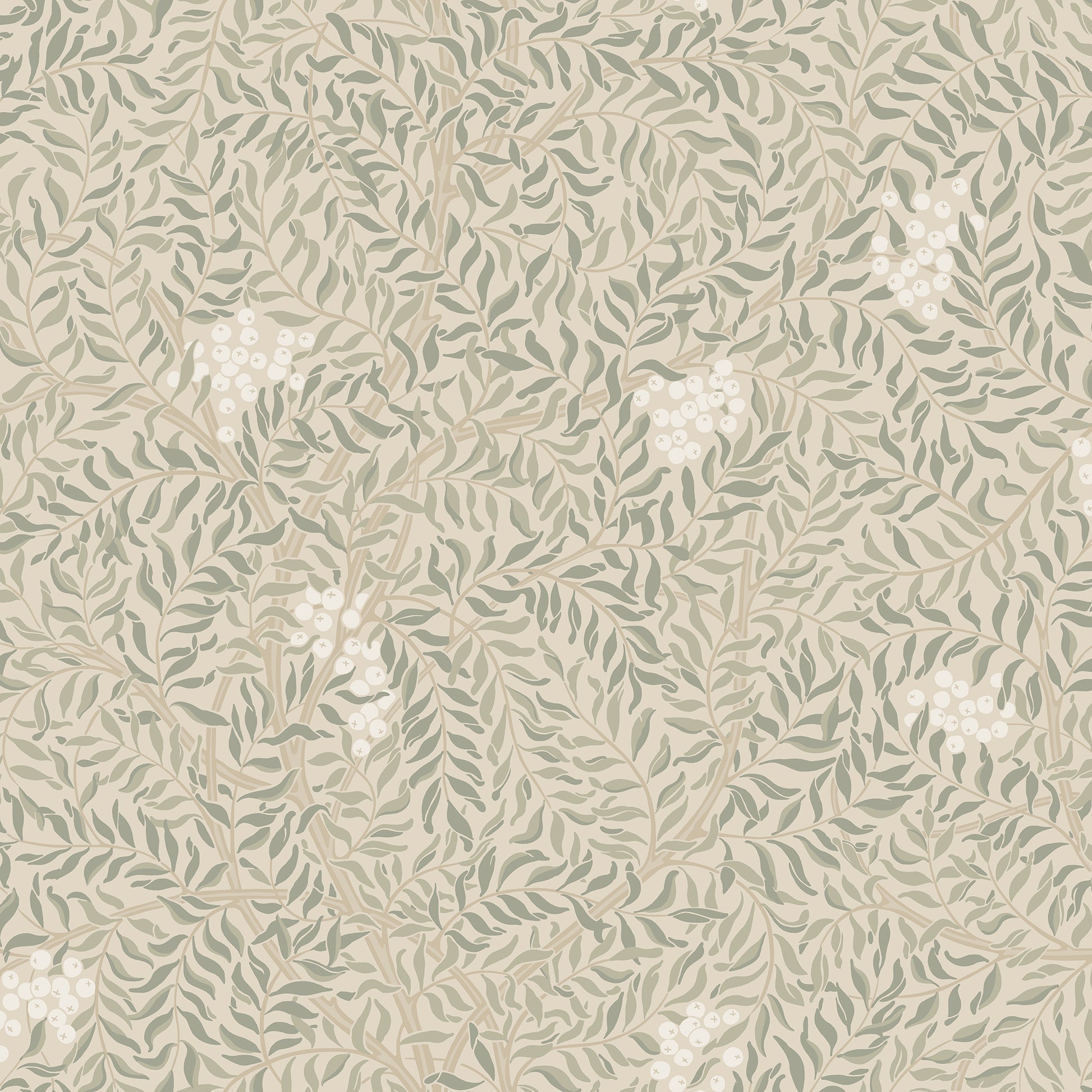 A harmonious surface-printed wallpaper pattern featuring intricate rowan berry branches creates a cozy and welcoming atmosphere with its stylized and enveloping design.