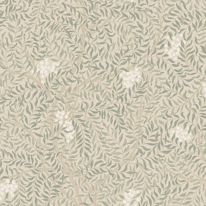 A harmonious surface-printed wallpaper pattern featuring intricate rowan berry branches creates a cozy and welcoming atmosphere with its stylized and enveloping design.